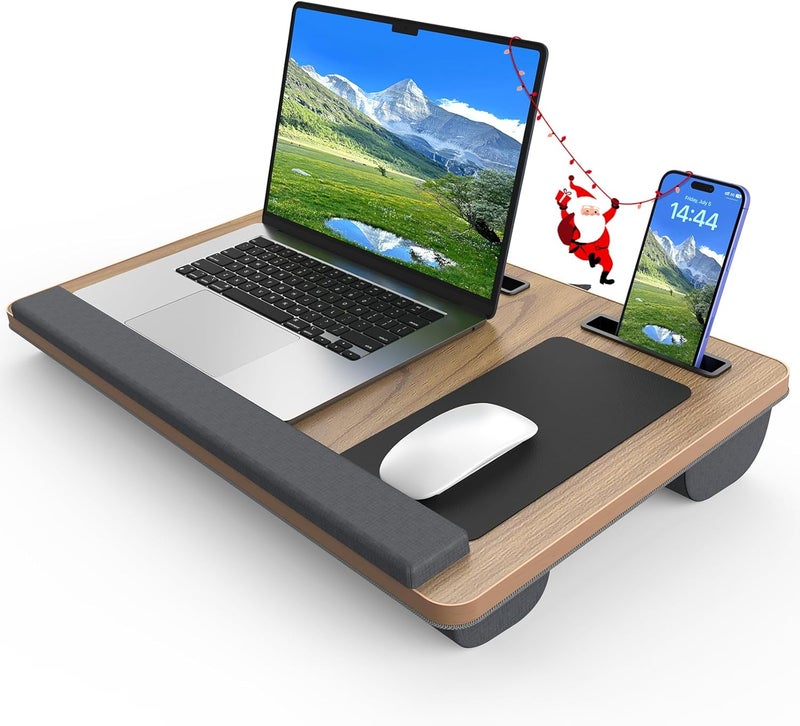 HETTHI Laptop Lap Desk, Portable Large Laptop Desk for Bed, Up to 17 in Lap Table with Wrist Rest, Mouse Pad, Tablet Phone Slot, Portable Handle, Cushion (Dark Brown Woodgrain) - Image 1